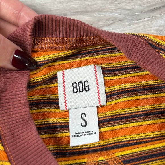 BDG Striped Cotton Knit Tee Mustard Maroon Retro Crewneck T-Shirt Size S - Picture 9 of 9
